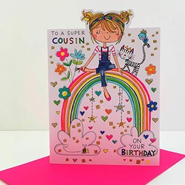Rachel Ellen Girl Super Cousin Birthday Card - Girl Cat Rainbow Flowers