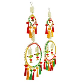 Set of 2 Door Hanging with Artificial Mogra Flower Made Up of Round Frame Wooden Parrot Birds String for Home Wall Temple Door Festival Hanging Indian Traditional Festival Decor (Size: -24 Inches)