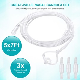 5 Pack Cannula Nasal 7 FT Super Soft Nasal Cannula Tubing for Oxygen Nose Tubing - High Flow, Kink Resistant, Highly Visible, Lightweight Tubing with 3 Pack Oxygen Tubing Connector
