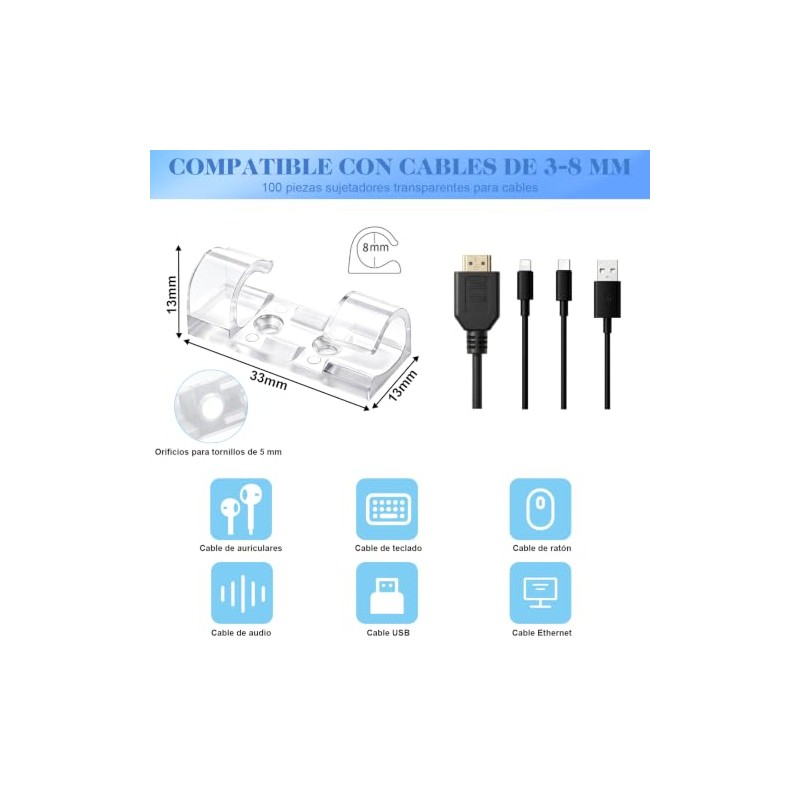 Sujetador de Cables, Set 100 Clips Adhesivos y 6 Sujetadores