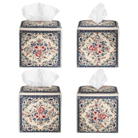 YPPAHHHH Square Tissue Box Cover Vintage Flowers Ethnic Pattern Cube Tissue Box Cover Pu Leather Tissue Box Holder for Office Kitchen Car Bathroom Facial Paper Organizer Dispenser Cover