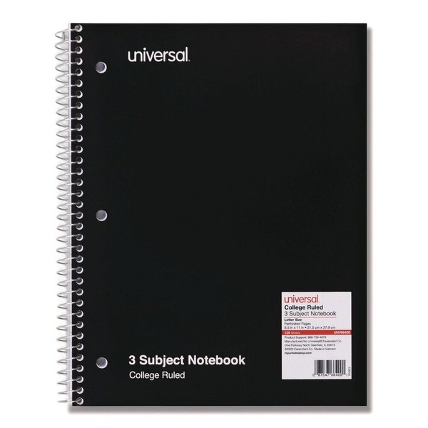 Universal 66400 11" x 8.5" 3-Subject Medium/College Rule Wirebound Notebook