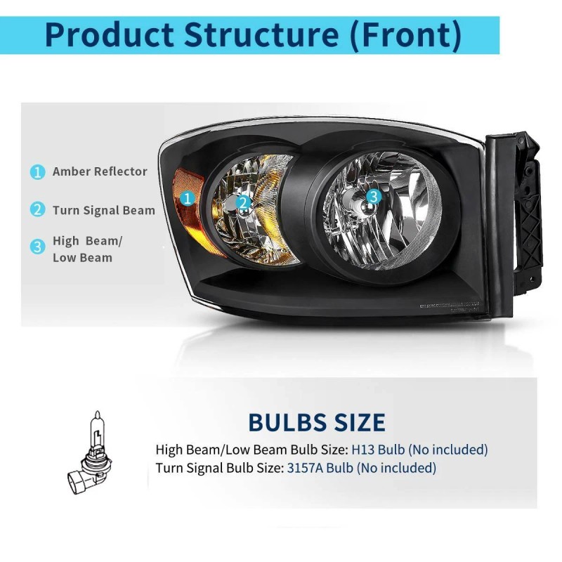 LEDKINGDOMUS Headlights Assembly Pair for 2006-2008 Dodge Ram 1500 2500