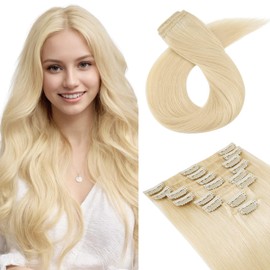 TESS Seamless Clip in Hair Extensions Human Hair Remy Clip ins Natural Soft Straight 8pcs 18Clips, 14 Inch, Light Gold