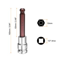 HARFINGTON 2pcs 10mm Ball End Hex Bit Socket 1/2" Square Drive Metric Extension Impact Bit Power Nut Driver Set S2 & CR-V Steel Socket Ratchet Wrench Bits