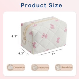 RSRSLEII Small Quilted Cotton Makeup Bag, Aesthetic Cosmetic Bag, Cute Floral Makeup Pouch, Kawaii Trendy Preppy Travel Toiletry Bag for Women and Girls (03 Pink Bow)
