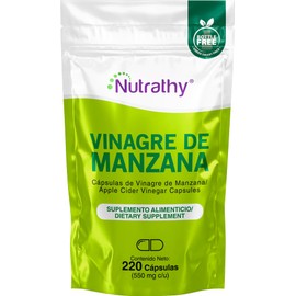 Nutrathy Vinagre de Manzana Premium 220 Cápsulas 100% Natural. 550mg. 110 Porciones por Envase, Bottle Free, Vcaps Cápsulas Veganas, Sugar Free.