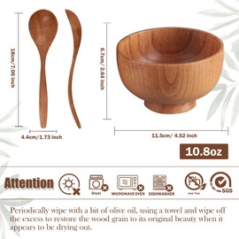 Originalidad Handmade Wood Bowls, Jujube Wooden Japanese Bowls with Matching Spoon for Rice, Soup, Dip, Salad, Tea, Decoration 4 Sets (4 Bowls 4.6 IN + 4 Spoons)