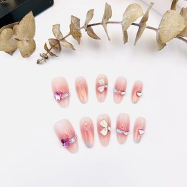 Generic Press on fake nails，Almond shaped false nails。 (Butterfly Pink-S)