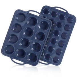 Vnray 2 Pack Silicone Muffin Pan 12 and 24 Cup with Metal Frame,Non Stick Silicone Mini Cupcake Pan with Handles, BPA Free Silicon Regular Muffin Tin Tray Small for baking, egg bites, Mold Grey