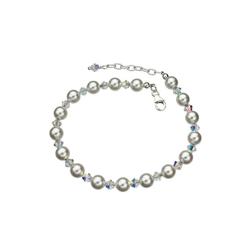 Sterling Silver Ankle Bracelet, Crystal Simulated Pearls 9"+1" Extender