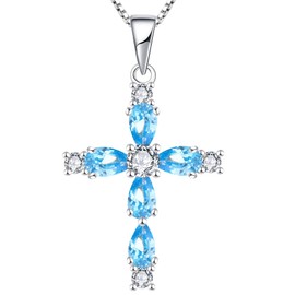 YL Cross Necklace 925 Sterling Silver March Birthstone Aquamarine Blue Crucifix Pendant Necklace Gifts for Mum Women, 45-48 CM