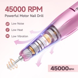Professional Nail Drill Electric File 45000RPM, Portable Rechargeable Electric Nail File with 11 Drill Bits & 50 Sanding Bands, Low Noise Nail Drill Kit for Acrylic Gel Nails, Salon & Home Use, Pink