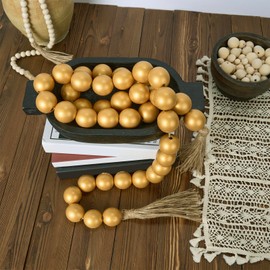 OMISHE 76" Long Extra Large Wood Bead Garland with 1.6" Diameter Wooden Beads and Tassels, Rustic Farmhouse Country Decorative Beads for Home Decor Tiered Tray Decor, Gold