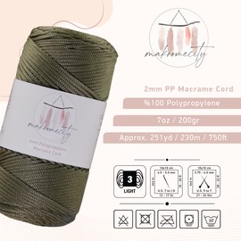 Makromecity, cordón de macramé de poliéster, 2 mm x 250 yardas (800 pies) 2 mm de polipropileno, cuerda de macramé de oliva, macramé, bolsa de ganchillo, manualidades para colgar en la pared, bolsas,