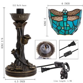 AVIVADIRECT Small Tiffany Lamp Stained Glass Table Lamp Desk Uplight 6X6X13.5 Inch for Bedroom Bedside Office (Green Dragonfly)