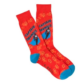 K. Bell Socks Men's Funny Jokes and Wordplay Novelty Crew Socks, Red (Captain Obvious), Shoe Size: 6-12