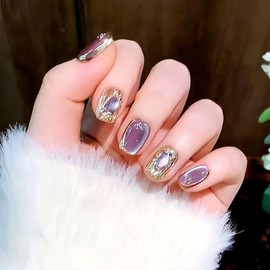 RikView Square Press on Nails Medium Fake Nails with Glitter Design Purple Nails Glossy Hand Made Nails for Women 30 PCs/Set