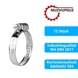 Pack of 12 Stainless Steel Hose Clamps, Adjustable 12-22 mm Hose Clamps Set, Hose Clamps Set, 304 Stainless Steel Pipe Clamps, Screw Clamps Set for Washing Machine, Pool Hose Clamps Set