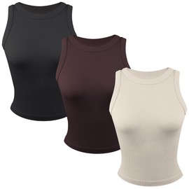 Common Stitch 3 Pack Stretch Tank Tops for Women, Ribbed Seamless Crew Neck Womens Workout Crop Top Yoga Gym Shirts