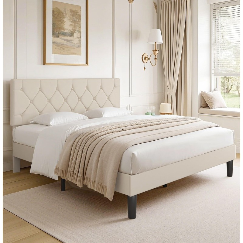 VECELO Queen Size Bed Frame with Button Tufted Headboard, Upholstered