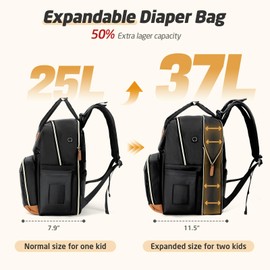 Tonyeee Diaper Bag Backpack - Extra Large Diaper Bag for 2 Kids Twin, Travel Baby Bags for Mom Dad 25-37L Expandable with Changing Pad Earphone Hole, Solid Black