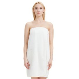 GUODDS Women Shower Wrap Towel Lightweight Bath Body Spa Wrap Adjustable Closure Bathrobe White S/M