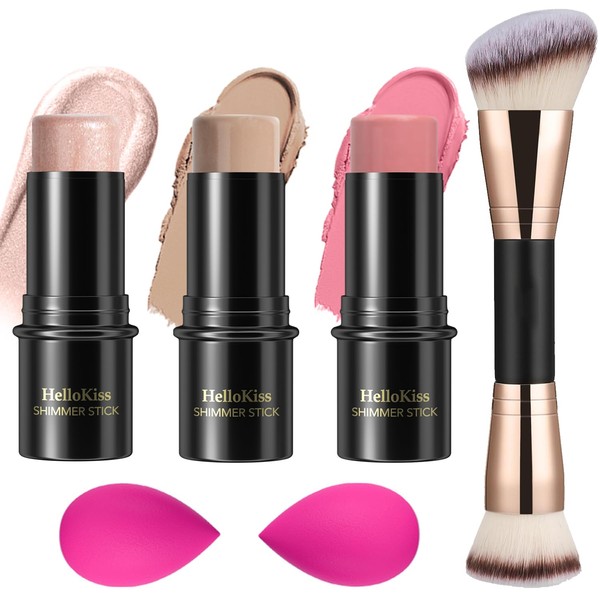 3 Pcs Cream Contour Stick Makeup Kit,Shades with Highlighter Stick,Blush