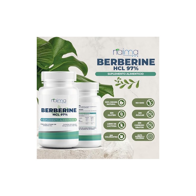 NAIMA Berberine HCL 97%, 100 Cápsulas | Suplemento Alimenticio 100%