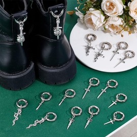 HOBBIESAY Pack of 16 Shoe Charms in 8 Styles Sword Shape Alloy Gothic Boots Heel Pendant DIY Shoe Accessories Antique Silver Platinum Boots Decoration for Boots Trainers Bags with Rings