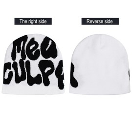 HYOUT Crochet Beanie Hats for Women Men, Winter Skull Caps, MEA Beanies Culpa with Emo Grunge Accessories White Black