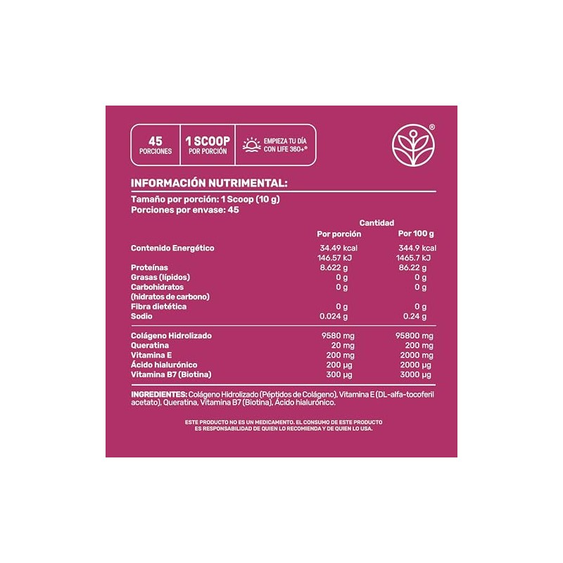 Life 360 Collagen Blend 450 Colágeno Hidrolizado Queratina Ácido Hialurónico