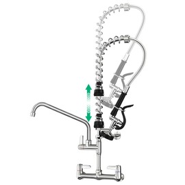 BESTJEEF Commercial Sink Faucet with Pre-Rinse Sprayer -Height Adjustable (25-32 inch) Wall Mount Industrial Kitchen Faucet 8 inch Center with Pre-Rinse Sprayer and 12 Inch Swivel Spout