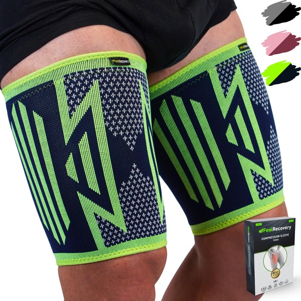 Feel Recovery Pack of 2 Thigh Braces for Men & Women - Compression Thigh Bandage for Hamstron, Quad & Groin Pain, Muscle Fibre Tear & Cramps - Breathable & Non-Slip (S, Green)