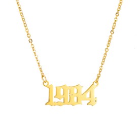 SKQIR Birth Years Number Necklace,Initial Year Pendant Necklace Gold Plated Birthday Gift Charm Friendship Old English Arabic Mumerals Stainless Steel Necklace Jewelry for Women Girl（Gold,1984）