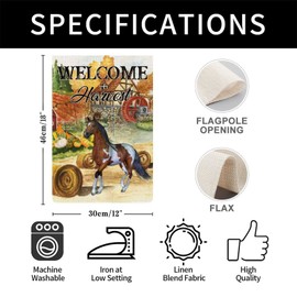 Welcome Fall Harvest Horse Garden Flag Welcome Hello Fall Outdoor Flags 12x18in Double Sided Burlap Vivid Color Outdoor Holiday Decoration Farmhouse Flag For Yard Lawn Home