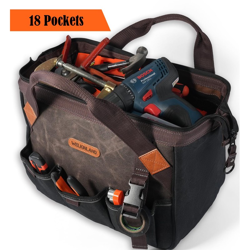 WELKINLAND 18 Pockets Electrician Tools Bag,14" Heavy Duty Plumber Tool