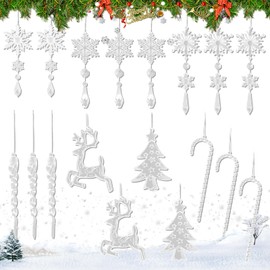 Gloryit Icicle Snowflake Acrylic Pendants 18 Pieces Crystal Snowflake Christmas Tree Decoration Reindeer Snowflakes Christmas Tree Decoration Ornaments Keychain Craft Set Gifts