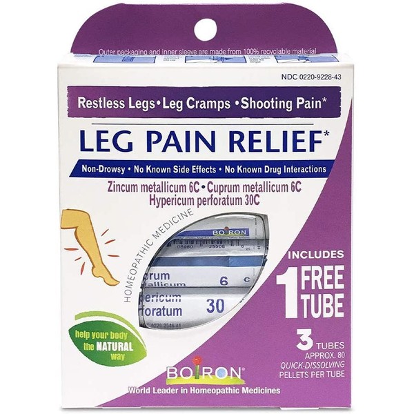 Boiron Leg Pain Relief, 3 Pack of 80-Pellet Tubes, Zincum metallicum 6C Cuprum mettalicum, 6C Hypericum perforatum 30C, Homeopathic Medicine to Relieve Restless Legs Leg Cramps and Shooting Pain, Blue