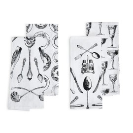 Two's Company Vintage Tableware Assorted of 4 Dish Towels, 2 Designs per Set