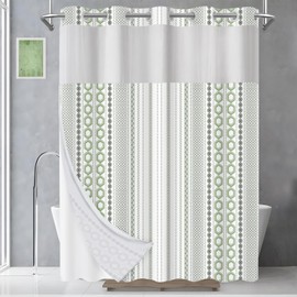 AXURXUI No Hook Shower Curtain with Snap in Liner and Sheer Window, Boho Multi-Color Striped Fabric Shower Curtain Set for Bathroom Decor, Washable and Quick Install, Green, 71 X 84 Inches