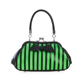 Banned Stripe Handbag Faux Leather Bat Bow Night of Mystery Stripy Gothic, Green, One Size