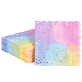 JarThenaAMCS 100Pcs Pastel Paper Napkin Silver Foil Dots Scalloped Cocktail Napkin Disposable Dinner Dessert Napkin for Wedding Birthday Baby Shower Pastel Rainbow Party Supplies