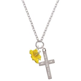 Delight Jewelry Silvertone Yellow Hibiscus Flower I Set You Apart Engraved Cross Zoey Necklace, 28"
