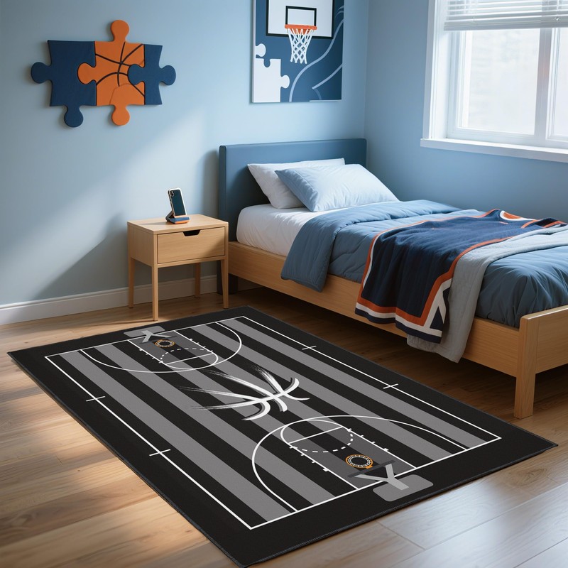 Basketball Rug Non-Slip 5x7 ft,Basketball Court Design for Boys Bedroom