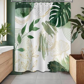 soeeao Sage Green and Gold Boho Leaf Shower Curtain Mid Century Modern Minimalist Olive Green Plant Shower Curtains for Bathroom Decor Set, Waterproof Cloth Fabric with Hooks, 70x72 in