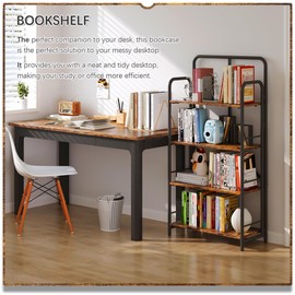 4NM No Assembly Folding Bookshelf, 4 Tier Vintage Industrial Book Shelf,Metal Foldable Storage Bookcase and Bookshelves for Living Room,Bedroom and Kitchen - Rustic Brown