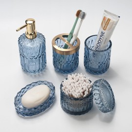 IVAILEX 5PCS Blue Glass Bathroom Accessories Sets of Lotion Dispenser, Soap Dish, Toothbrush Holder, Tumbler, Cotton Swab Jars, Modern Bath Decor, Vintage Gift