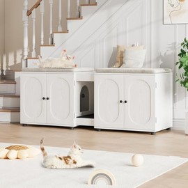 55" Double Cat Litter Box Enclosure for 2 Cats, Modern Self Cleaning Extra Large Hidden Cats Litter Box Furniture, Front Entry, Wooden Hidden Cat Washroom, Side End Table, Cat House, TV Stand