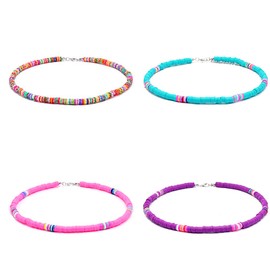 WEIWUXIAN Bohemian Necklace, 4 Pieces Beach Necklace, Surfer Choker, Polymer Clay Choker, Bohemian Pearl Collar Adjustable, Clay Necklace for Women and Girls, Soft ceramic